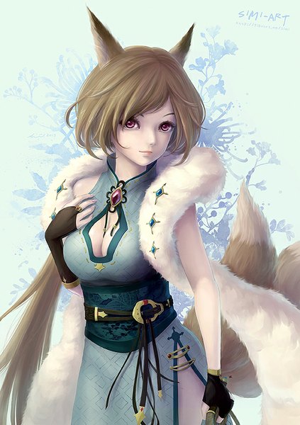 Anime picture 595x842 with original simi single tall image looking at viewer short hair breasts brown hair large breasts standing holding animal ears tail animal tail pink eyes light smile floral print hand on chest multiple tails wolf ears