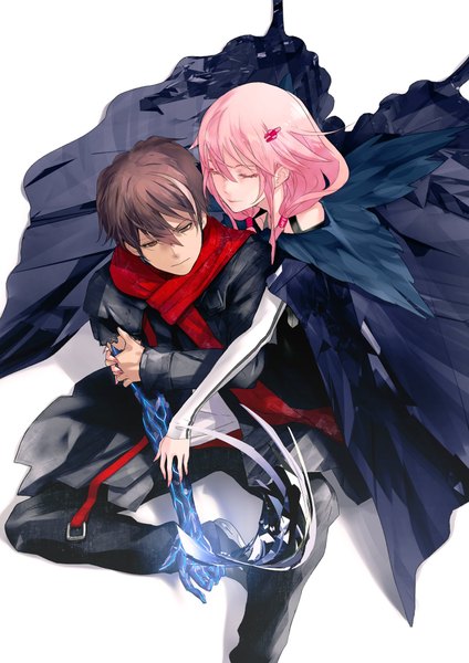Anime picture 1280x1810 with guilty crown production i.g yuzuriha inori ouma shu redjuice tall image short hair black hair simple background red eyes white background pink hair eyes closed girl boy hair ornament hairclip scarf coat