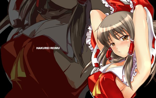 Anime picture 1920x1200 with touhou hakurei reimu highres breasts light erotic wide image large breasts brown eyes armpit (armpits) sweat sideboob covered nipples sweatdrop zoom layer girl hair tubes
