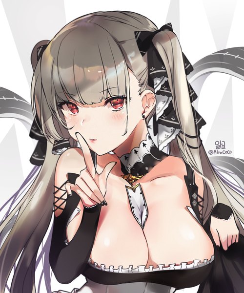 Anime-Bild 900x1080 mit azur lane formidable (azur lane) alraco single long hair tall image looking at viewer blush fringe breasts light erotic simple background red eyes large breasts standing white background twintails bare shoulders signed cleavage