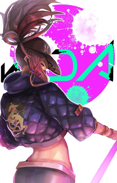 Anime picture 700x1091 with league of legends k/da (league of legends) akali (league of legends) k/da akali mizurapi single long hair tall image looking at viewer brown hair standing white background purple eyes payot upper body ponytail profile from behind midriff floating hair