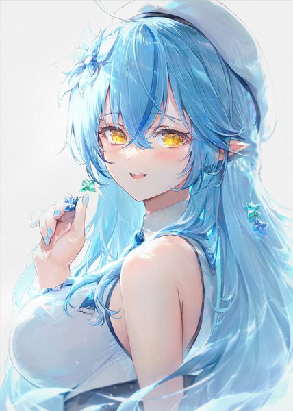 Anime picture 1392x1950 with virtual youtuber hololive yukihana lamy yukihana lamy (1st costume) haoni single long hair tall image looking at viewer blush fringe breasts open mouth simple background smile hair between eyes large breasts white background yellow eyes blue hair