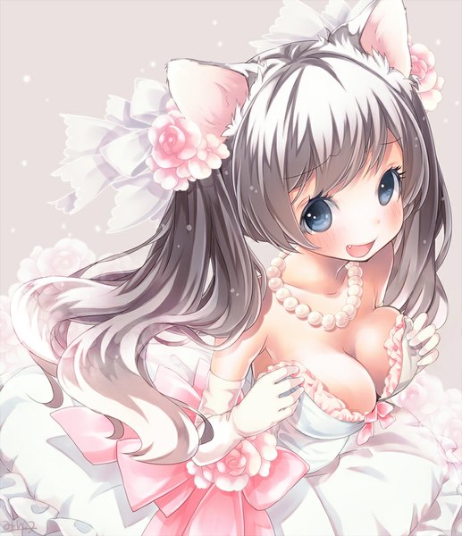 Anime picture 862x1000 with original mintsu (ichi--kun) single long hair tall image blush breasts open mouth blue eyes light erotic simple background smile large breasts bare shoulders animal ears silver hair hair flower from above cat ears cat girl