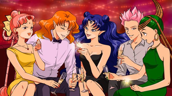 Anime picture 1196x668 with bishoujo senshi sailor moon toei animation queen nehelenia junjun cerecere tiger's eye hawk's eye katewind long hair short hair blue eyes red eyes wide image sitting multiple girls holding green eyes signed yellow eyes blue hair