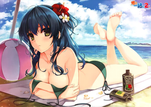 Anime picture 6200x4390 with kimi to issho ni kimi to issho ni 2 akiyama ryouka kuroya shinobu single long hair looking at viewer blush fringe highres breasts light erotic hair between eyes large breasts bare shoulders yellow eyes payot blue hair absurdres sky