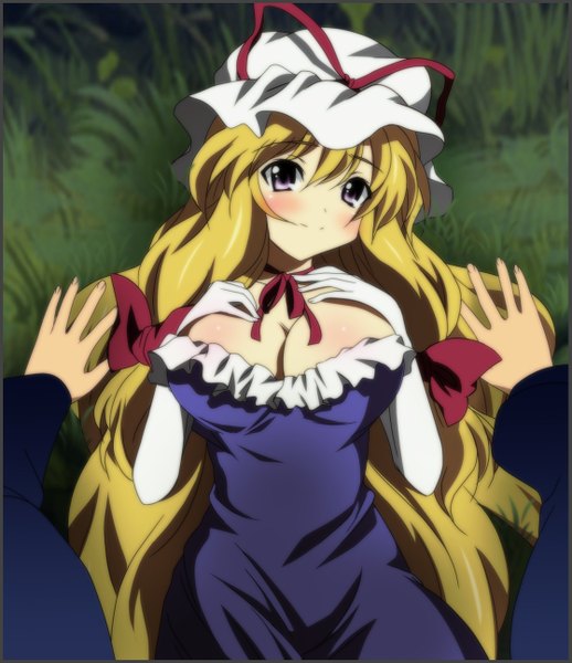 Anime picture 1117x1292 with touhou yakumo yukari yadokari genpachirou long hair tall image blush breasts light erotic blonde hair large breasts purple eyes girl dress gloves bow hair bow elbow gloves bonnet