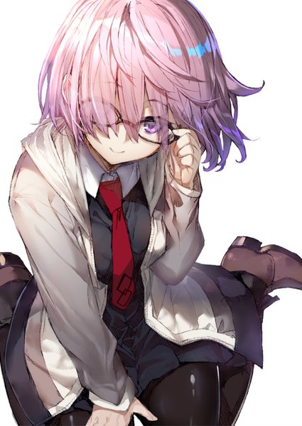 Anime picture 896x1266 with fate (series) fate/grand order mash kyrielight shirabi single tall image looking at viewer fringe short hair simple background smile white background sitting purple eyes pink hair long sleeves from above hair over one eye wariza adjusting glasses