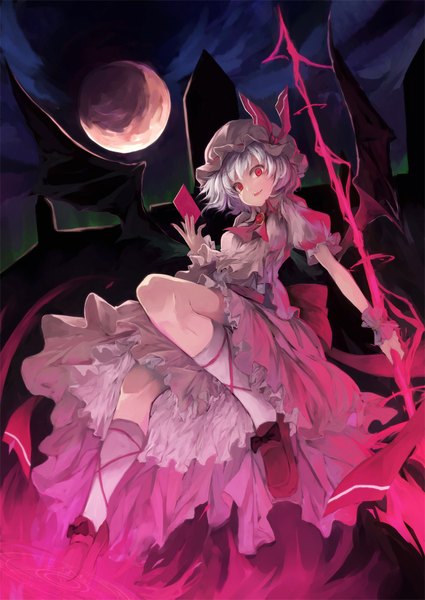 Anime picture 1290x1821 with touhou remilia scarlet nanahara fuyuki single tall image looking at viewer short hair smile red eyes white hair nail polish night teeth fang (fangs) flying girl dress wings socks shoes