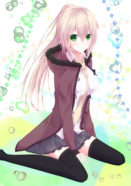 Anime picture 868x1228 with original nagishiro mito single long hair tall image looking at viewer smile green eyes white hair ponytail girl thighhighs skirt black thighhighs shirt necktie coat