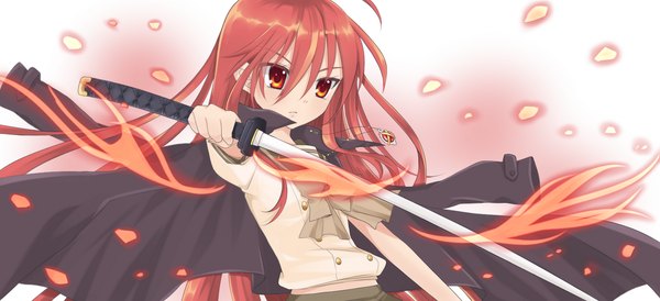 Anime picture 1540x705 with shakugan no shana j.c. staff shana lmo (artist) long hair red eyes wide image red hair girl sword pendant fire