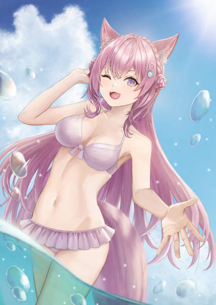 Anime picture 2508x3541 with virtual youtuber hololive hakui koyori m2013sachi single long hair tall image looking at viewer fringe highres breasts open mouth light erotic smile hair between eyes large breasts purple eyes animal ears pink hair sky