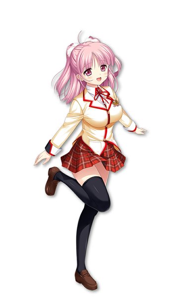 Anime picture 716x1146 with love of renai koutei of love! kusunoki chitose piyodera mucha single long hair tall image looking at viewer blush open mouth simple background smile white background pink hair pink eyes girl thighhighs skirt uniform black thighhighs school uniform