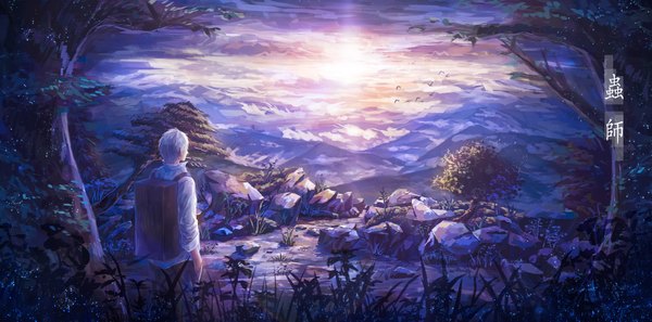 Anime picture 2380x1181 with mushishi ginko 91 single highres short hair wide image sky silver hair cloud (clouds) back horizon mountain glow twisty sleeves morning sunrise boy plant (plants) animal