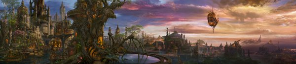 Anime picture 3637x800 with original ucchiey highres wide image sky city landscape fantasy panorama dragon castle aircraft airship