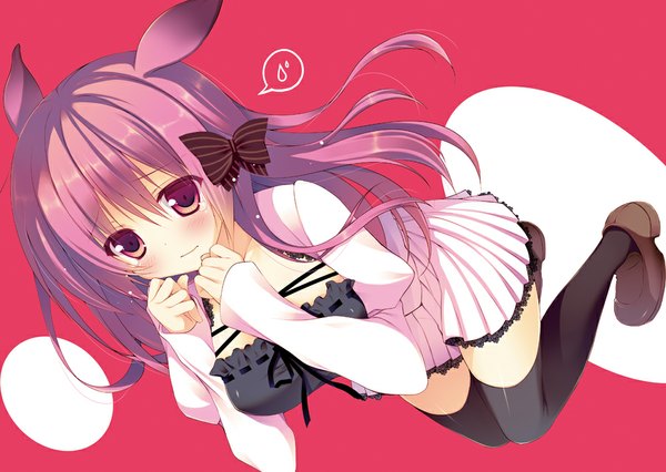 Anime picture 1000x711 with sakura hanpen single long hair blush red eyes animal ears red hair girl thighhighs dress bow black thighhighs hair bow