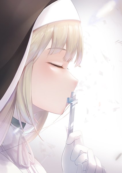 Anime picture 2480x3508 with virtual youtuber nijisanji sister cleaire mop (feer553648) single long hair tall image fringe highres blonde hair holding eyes closed long sleeves profile face kiss nun girl gloves white gloves