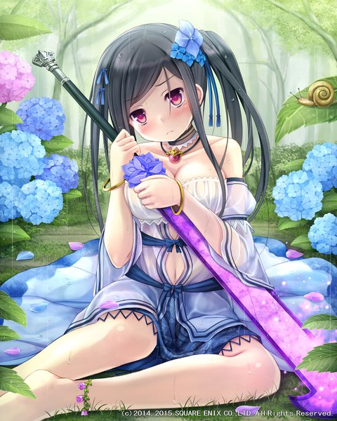 Anime picture 1800x2250 with lost crusade square enix namaru (summer dandy) single long hair tall image looking at viewer blush highres black hair red eyes twintails rain girl dress hair ornament flower (flowers) weapon sword hydrangea