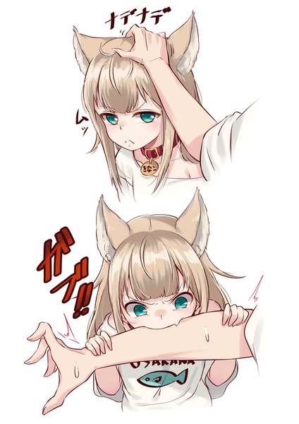 Anime picture 1000x1414 with original kinako (iyapan) 40hara long hair tall image fringe blue eyes simple background blonde hair white background holding animal ears upper body blunt bangs cat ears cat girl hieroglyph sweatdrop multiview clothes writing