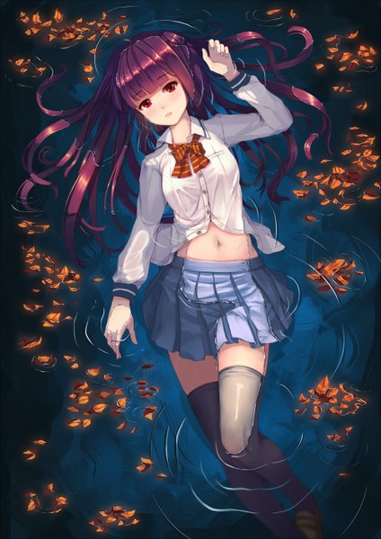 Anime-Bild 2000x2828 mit original fangxiang cuoluan single long hair tall image looking at viewer blush highres open mouth red eyes purple hair bare belly on back partially submerged girl thighhighs skirt navel uniform bow