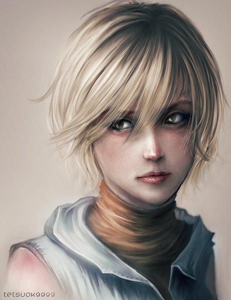 Anime picture 712x925 with silent hill silent hill 3 heather mason tetsuok9999 single tall image short hair simple background blonde hair brown eyes signed realistic portrait girl hood sweater hoodie turtleneck