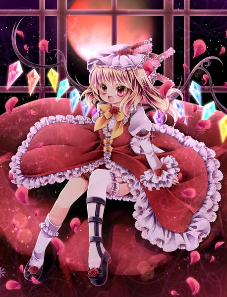 Anime picture 1495x1956 with touhou flandre scarlet chokobanira (artist) single tall image short hair open mouth blonde hair red eyes teeth fang (fangs) red moon girl thighhighs dress bow white thighhighs wings frills bonnet