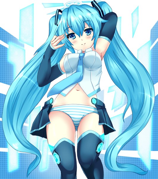 Anime picture 1264x1427 with vocaloid vocaloid append hatsune miku hatsune miku (append) long hair tall image blue eyes light erotic twintails blue hair girl underwear panties necktie