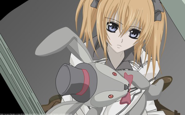 Anime picture 1280x800 with vampire knight studio deen touya rima hino matsuri m2vz single looking at viewer fringe wide image twintails holding signed upper body from above grey eyes vector sad :< girl ribbon (ribbons)