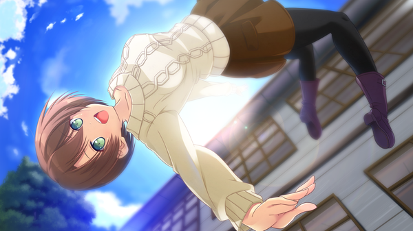 Anime picture 2560x1440 with kanojo step yanagi asuka single blush highres short hair open mouth brown hair wide image green eyes game cg girl skirt boots brown skirt