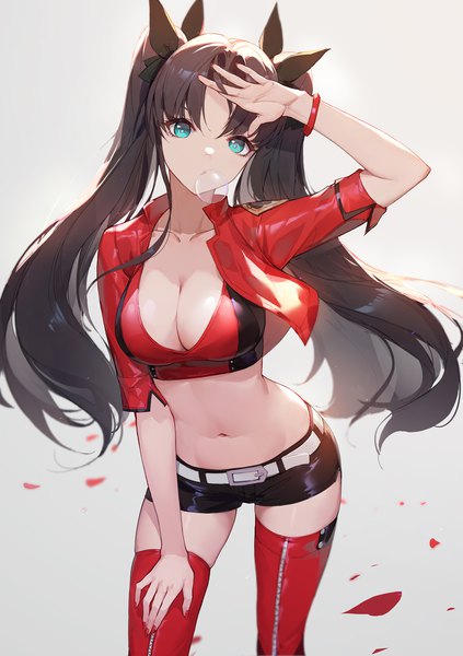 Anime picture 1800x2552 with fate (series) fate/stay night toosaka rin lance (lancelliu) single long hair tall image looking at viewer fringe highres breasts light erotic black hair simple background hair between eyes twintails cleavage nail polish head tilt arm up