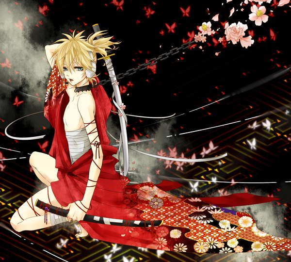 Anime picture 2000x1800 with vocaloid iroha uta (vocaloid) kagamine len single highres short hair open mouth blonde hair ponytail traditional clothes barefoot aqua eyes bare legs kneeling boy flower (flowers) weapon petals sword headphones