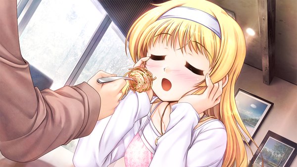 Anime picture 1280x720 with daitoshokan no hitsujikai kakei kyoutarou suzuki kana bekkankou long hair blush open mouth wide image game cg eyes closed eating girl food hairband