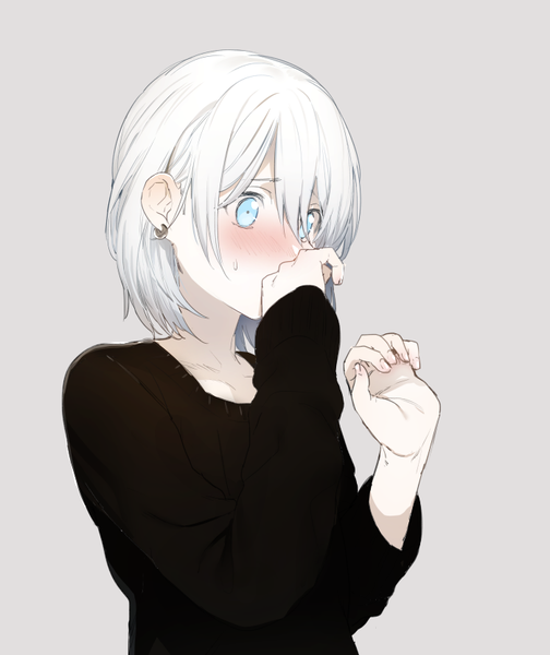 Anime picture 700x833 with erubo single tall image blush fringe short hair blue eyes simple background hair between eyes looking away embarrassed sweatdrop pale skin hand to mouth androgynous boy earrings sweater