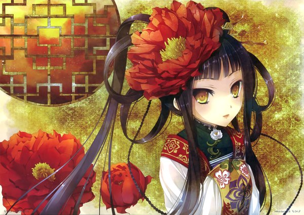 Anime picture 4935x3503 with original katagiri hinata single long hair looking at viewer highres black hair yellow eyes absurdres traditional clothes hair flower scan girl dress hair ornament flower (flowers)