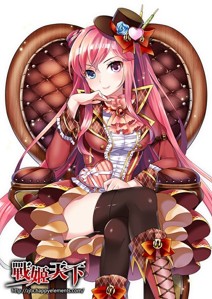 Anime picture 640x900 with original mvv single tall image looking at viewer blush fringe breasts blue eyes simple background smile white background sitting pink hair very long hair pink eyes heterochromia crossed legs girl thighhighs