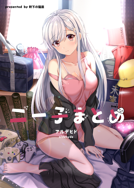 Anime picture 1072x1500 with original nintendo neeko arudehido single long hair tall image looking at viewer blush fringe breasts light erotic sitting signed silver hair head tilt pink eyes barefoot off shoulder inscription