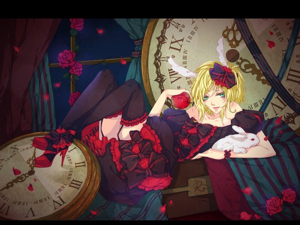 Anime picture 1280x960 with vocaloid kagamine rin nine 09 short hair blonde hair bare shoulders green eyes high heels girl thighhighs dress flower (flowers) bow black thighhighs hair bow animal petals garter straps fruit clock