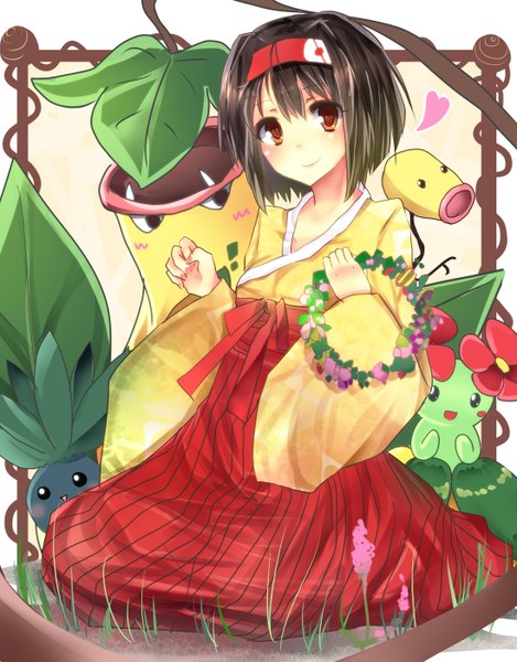 Anime picture 1096x1400 with pokemon nintendo erika (pokemon) oddish victreebel bellsprout bellossom e-co tall image looking at viewer blush short hair black hair smile sitting brown eyes traditional clothes japanese clothes symbol-shaped pupils gen 1 pokemon