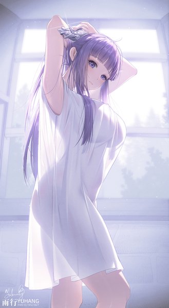 Anime picture 1097x2000 with sousou no frieren fern (sousou no frieren) yuxing yuhang single long hair tall image looking at viewer fringe breasts light erotic large breasts standing purple eyes holding signed purple hair indoors arms up armpit (armpits) sleeveless