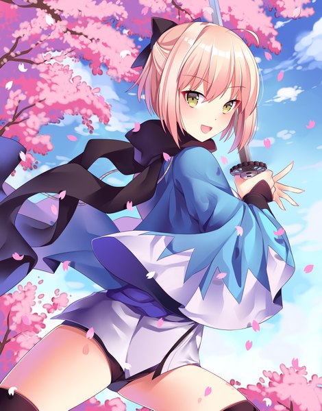 Anime picture 2750x3507 with fate (series) fate/grand order koha-ace okita souji (fate) (all) okita souji (koha-ace) may (2747513627) single tall image looking at viewer blush fringe highres short hair open mouth light erotic smile hair between eyes holding yellow eyes pink hair