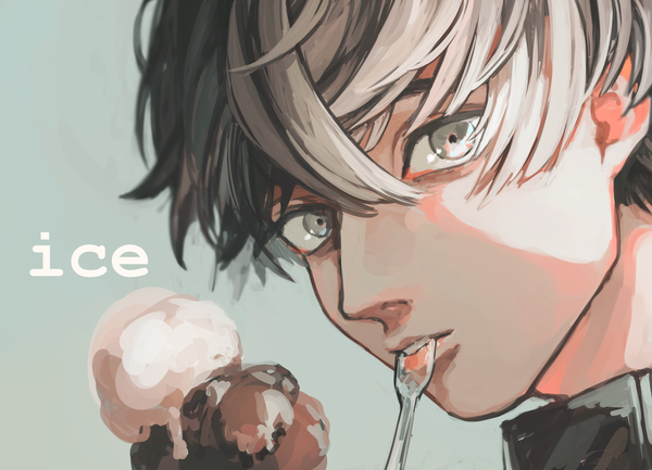 Anime picture 3068x2212 with original fatalbug896 single looking at viewer fringe highres short hair simple background hair between eyes absurdres grey hair grey eyes face aqua background boy food sweets ice cream spoon