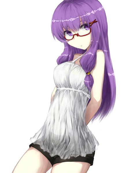Anime picture 1200x1560 with touhou patchouli knowledge tall image white background purple eyes purple hair girl glasses shorts