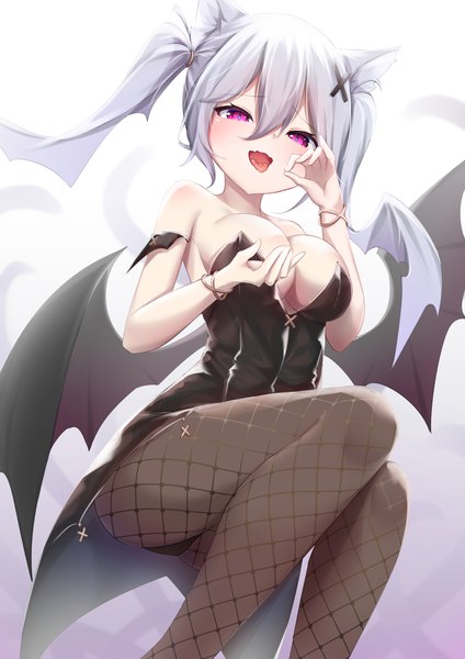 Anime picture 1013x1432 with original umou (may65879) single long hair tall image looking at viewer blush fringe breasts open mouth light erotic simple background hair between eyes large breasts purple eyes twintails animal ears payot cleavage silver hair