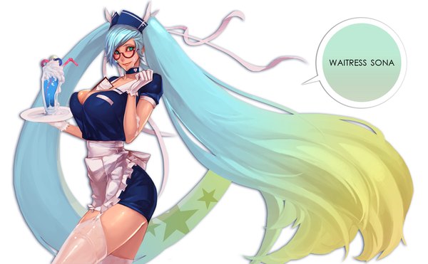 Anime picture 1280x792 with league of legends sona buvelle dutomaster single blush blue eyes light erotic wide image white background twintails looking away very long hair multicolored hair legs waitress girl thighhighs gloves white thighhighs glasses