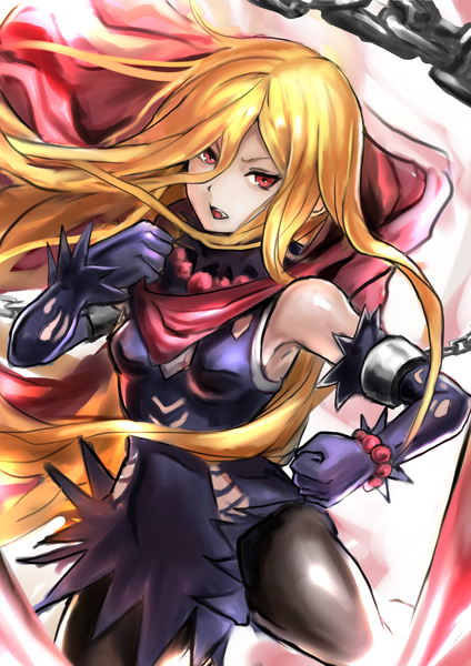 Anime picture 2480x3508 with overlord (maruyama) madhouse evileye (overlord) viride single long hair tall image looking at viewer fringe highres breasts open mouth blonde hair hair between eyes red eyes standing bare shoulders payot bent knee (knees) armpit (armpits)