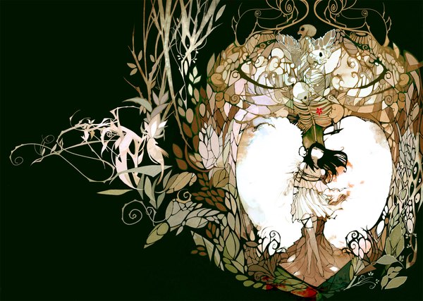 Anime picture 2200x1567 with original nanomortis (artist) single long hair highres open mouth black hair simple background bare shoulders eyes closed wind black background bondage skeleton girl dress plant (plants) heart leaf (leaves) blood