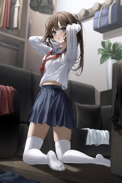 Anime picture 2731x4096 with original solcha single long hair tall image looking at viewer highres open mouth blue eyes brown hair full body ponytail indoors long sleeves pleated skirt blurry arms up :o midriff depth of field