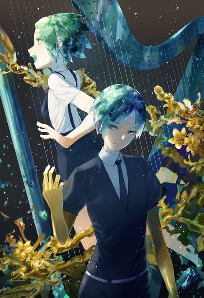 Anime picture 2031x2952 with houseki no kuni phosphophyllite leiq tall image highres short hair open mouth green eyes looking away profile green hair puffy sleeves dual persona androgynous spoilers uniform necktie musical instrument gold harp