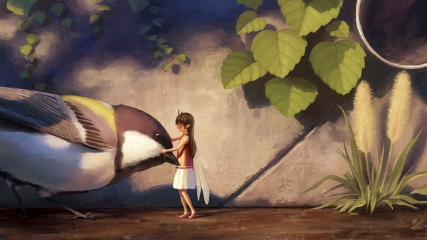 Anime picture 1500x844 with original noske long hair fringe brown hair wide image standing eyes closed pleated skirt pointy ears sunlight shadow fantasy transparent insect wings minigirl fairy girl skirt plant (plants)