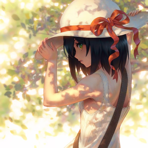 Anime picture 1280x1280 with original pinakes single fringe short hair black hair green eyes outdoors parted lips profile looking back shadow sleeveless adjusting hat girl bow ribbon (ribbons) plant (plants) hat ribbon