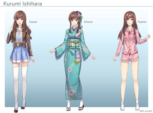 Anime picture 1148x848 with original annabel-m long hair looking at viewer blush fringe open mouth simple background smile brown hair standing purple eyes signed payot full body traditional clothes japanese clothes pleated skirt arm up hair flower